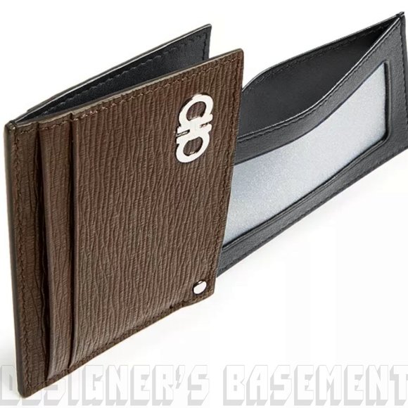 SALVATORE FERRAGAMO brown/blck REVIVAL leather GANCINI Flip-out ID card case NIB - Picture 4 of 8